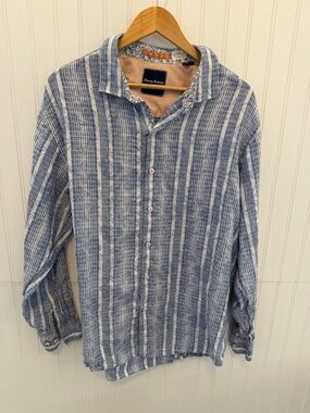 Tommy Bahama Blue & White Vertical Stripe Linen/Cotton Blend Button-Down Size XL